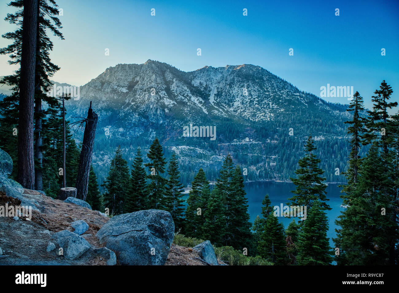 Stunning view of Jakes Peak towering above Emerald Bay at sunset from Inspiration Point scenic overlook, South Lake Tahoe, California Stock Photo