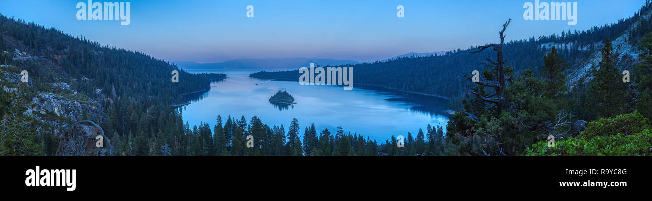 Breathtaking view of Emerald Bay and Fannette Island at sunset from a scenic overlook, South Lake Tahoe, California Stock Photo