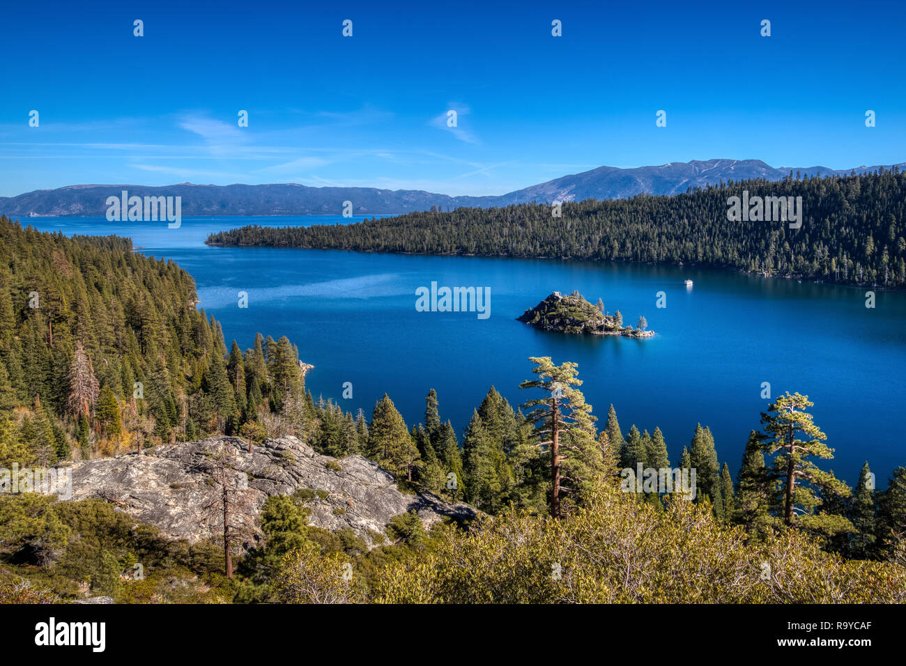 Stunning panoramic view of Emerald Bay and Fannette Island from a scenic overlook at Emerald Bay State Park, South Lake Tahoe, California Stock Photo