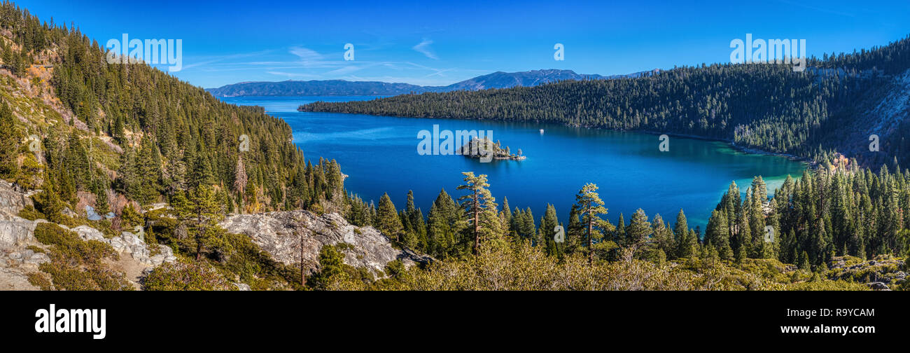 Stunning panoramic view of Emerald Bay and Fannette Island from a scenic overlook at Emerald Bay State Park, South Lake Tahoe, California Stock Photo