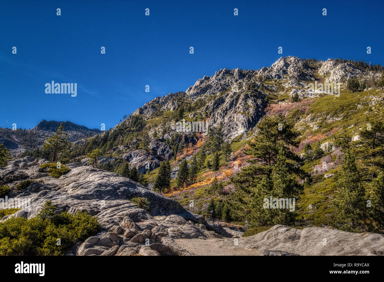 Gorgeous view of Jakes Peak towering above Emerald Bay from Emerald Bay State park, South Lake Tahoe, California Stock Photo