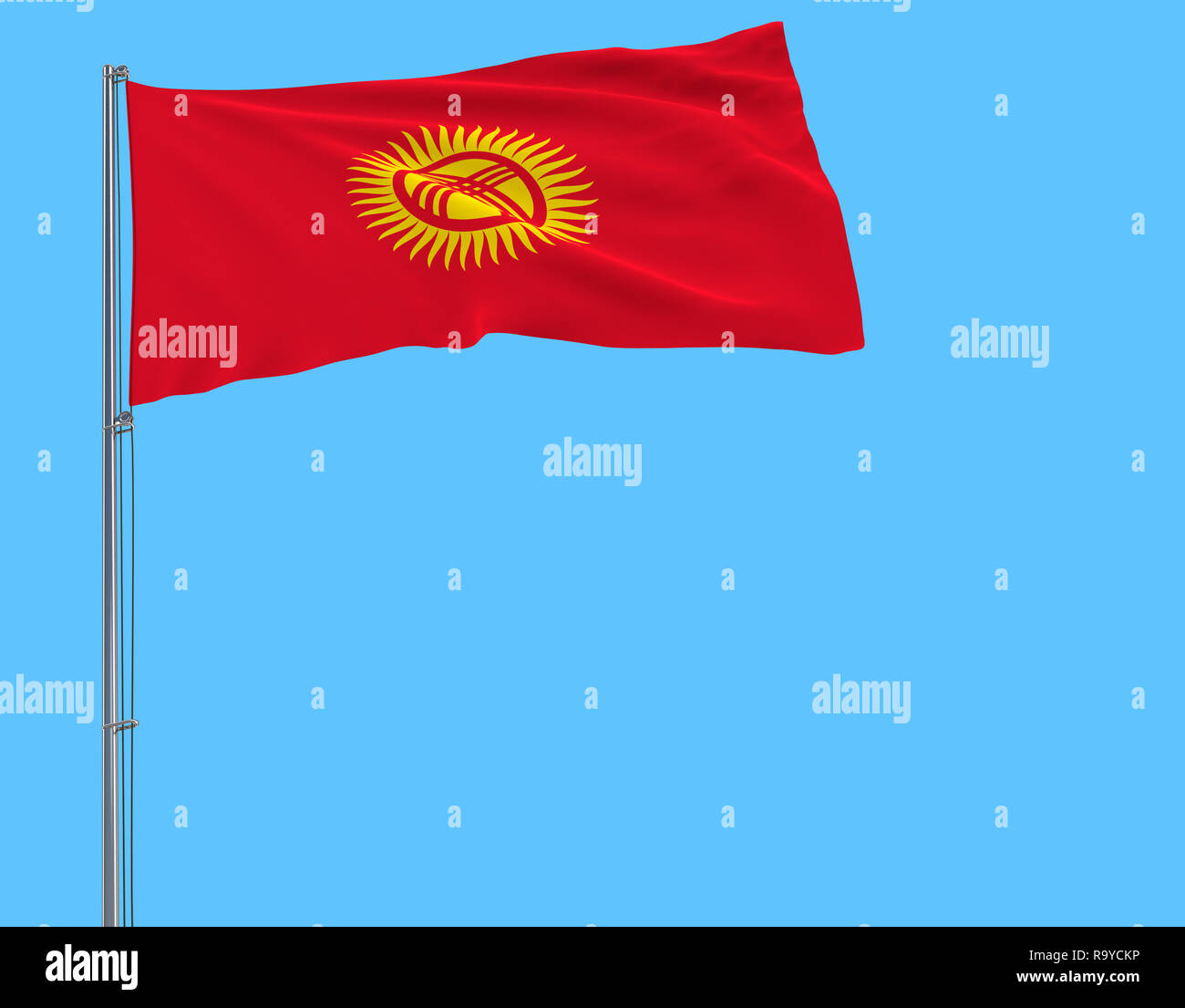 Isolate flag of Kyrgyzstan on a flagpole fluttering in the wind on a blue background, 3d rendering Stock Photo