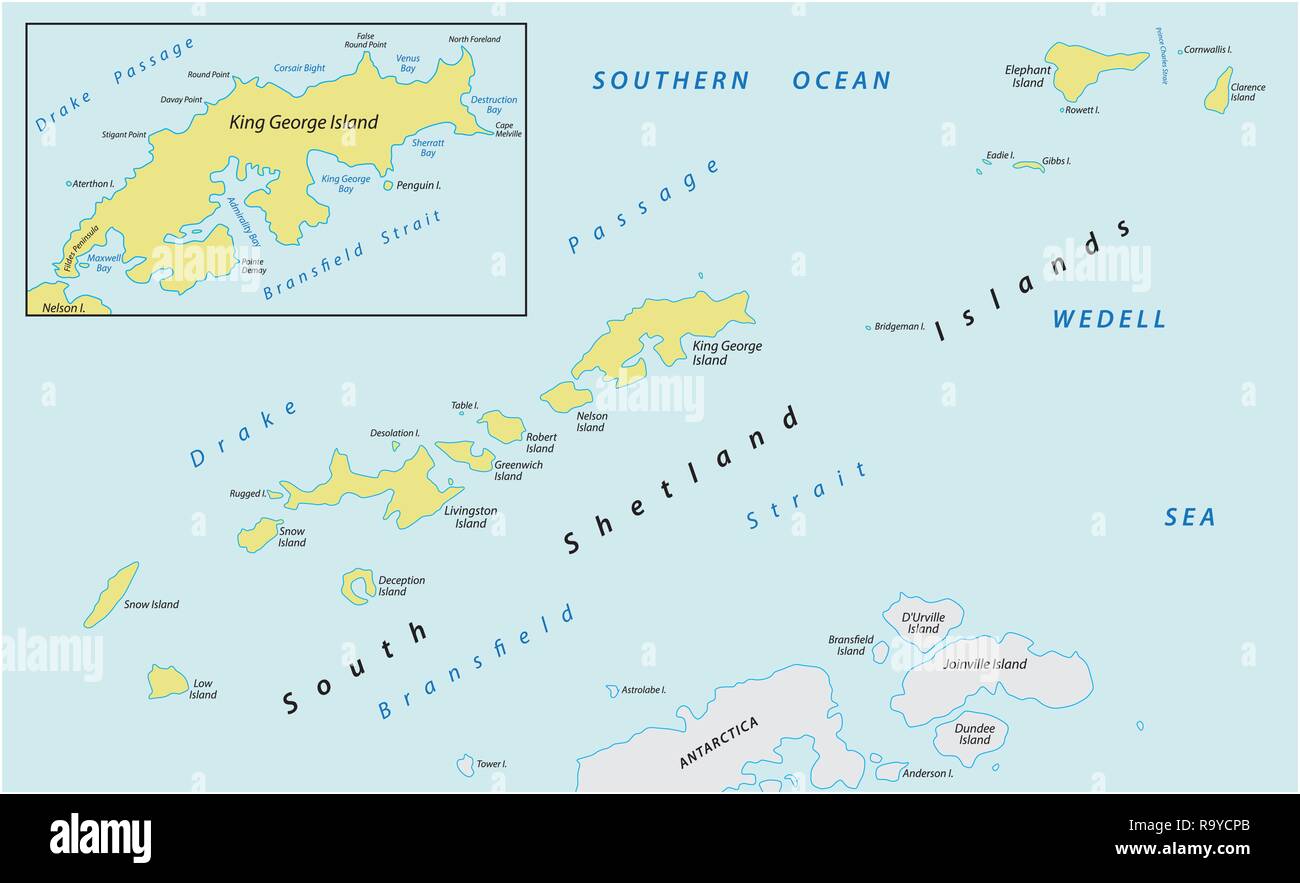 Map of the sub-Antarctic archipelago Southern Shetland Islands in the Southern Ocean Stock Vector