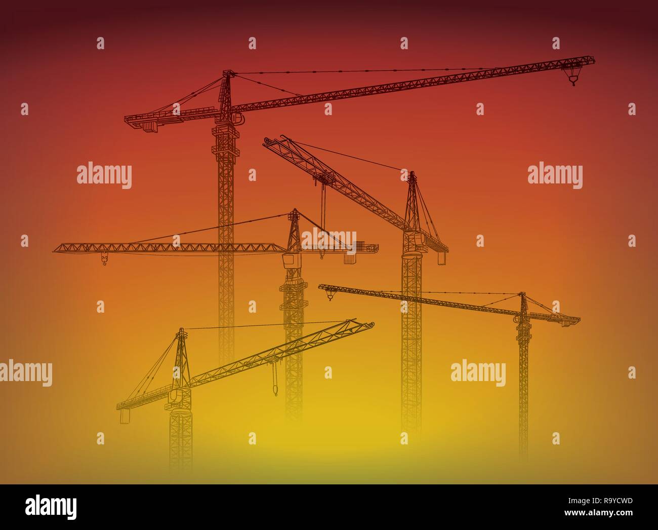 Tower construction crane vector line art on sunset Stock Vector