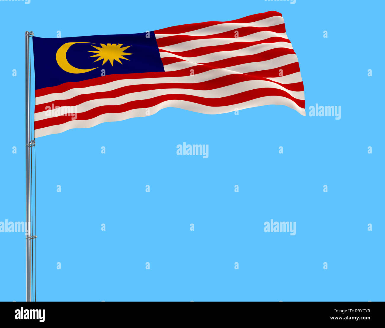 Isolate flag of Malaysia on a flagpole fluttering in the wind on a blue background, 3d rendering Stock Photo