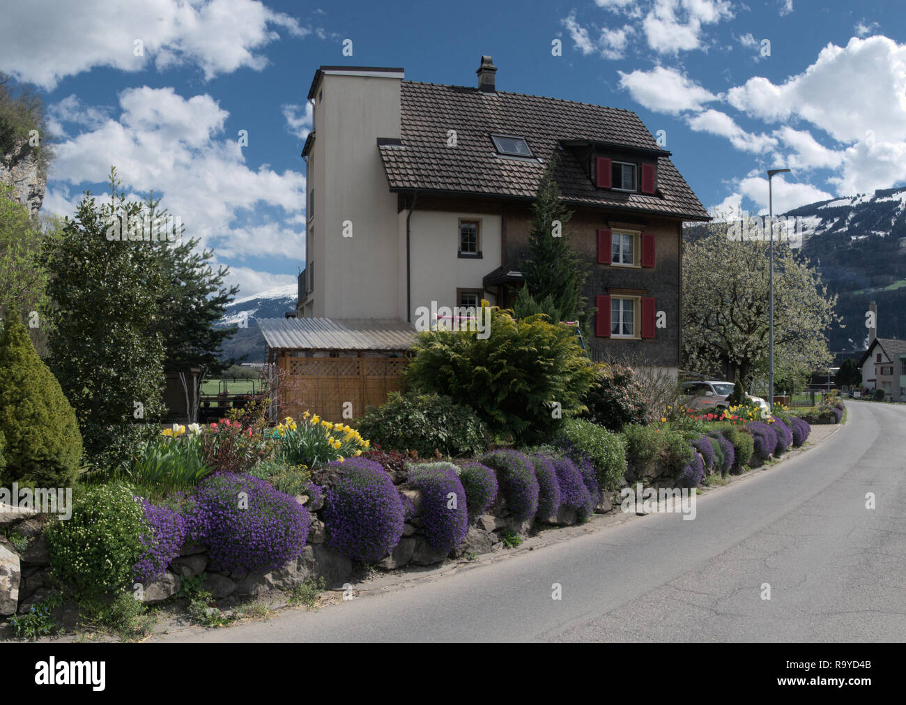 Street view of Swiss village of Berschis in Spring Stock Photo