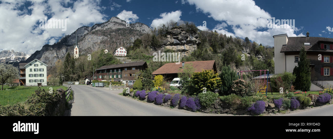 Street view of Swiss village of Berschis in Spring Stock Photo