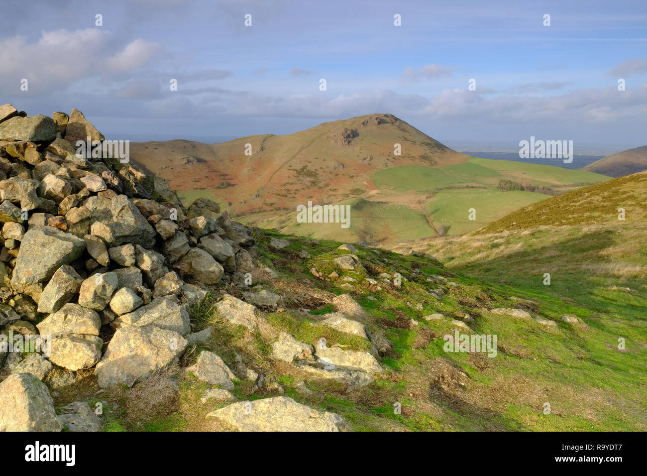Caer Caradoc hill viewed from Hope Bowdler hill in Shropshire, UK Stock