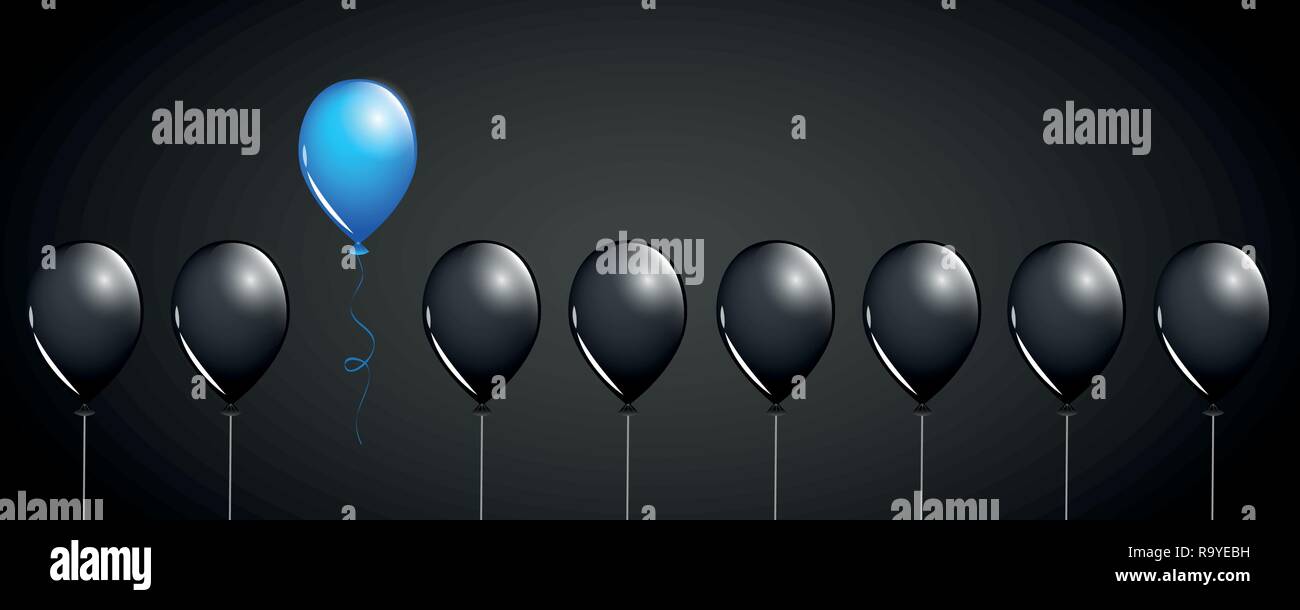 blue balloon fly away from black balloons on black background different