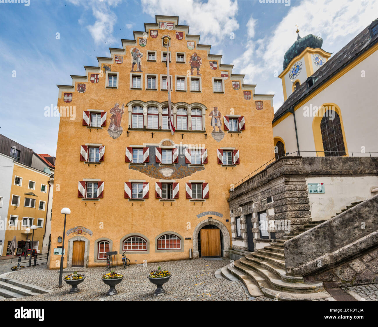 Gable facade of Rathaus (Town Hall), at Unterer Stadtplatz, Altstadt (Old Town) center in Kufstein, Tyrol, Austria Stock Photo
