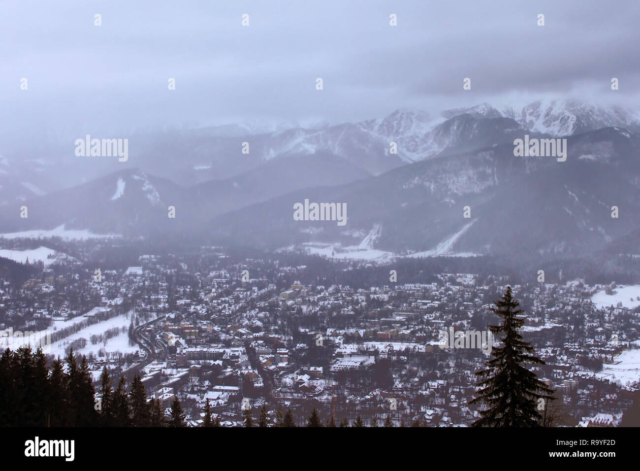 View of Zakopane and Tatra Mountains from Gubalowka in the winter in