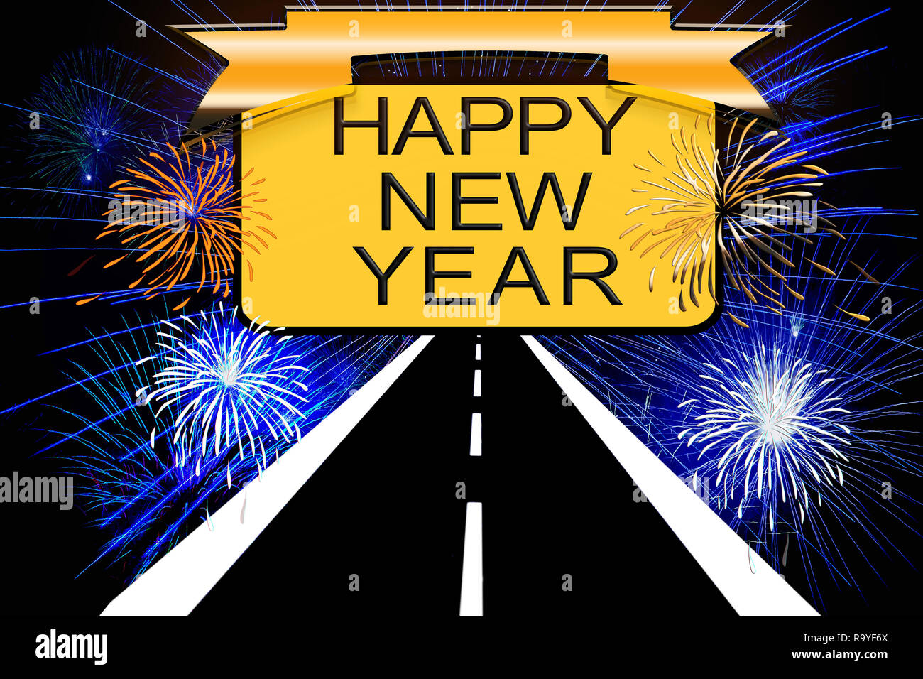 Happy new year text on yellow sign with fireworks in the night sky ...