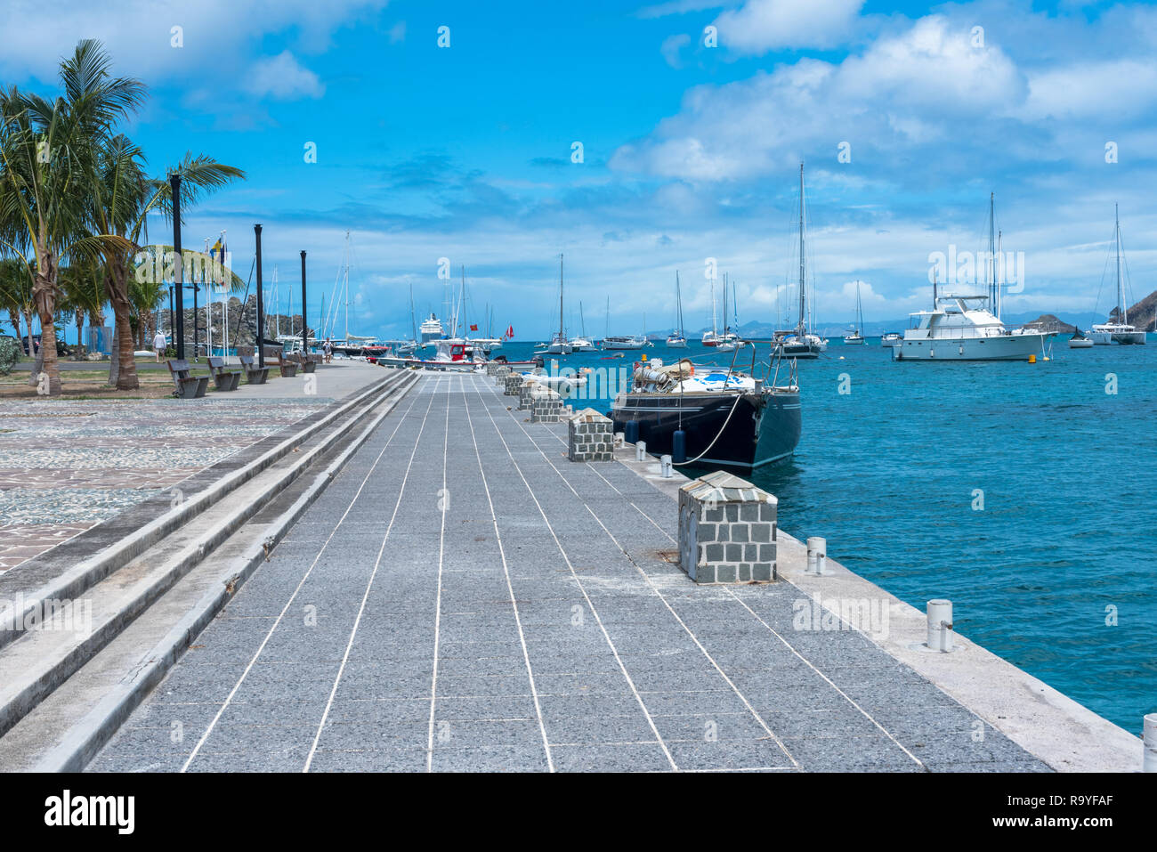 Gustavia St. Bart's, French West Indies--April 25, 2018. Boats are tied up in the harbor by the town of Gustavia. Stock Photo