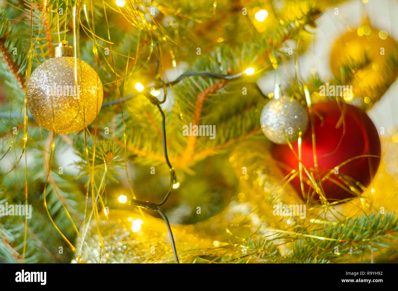 Christmas balls on christmas tree Stock Photo