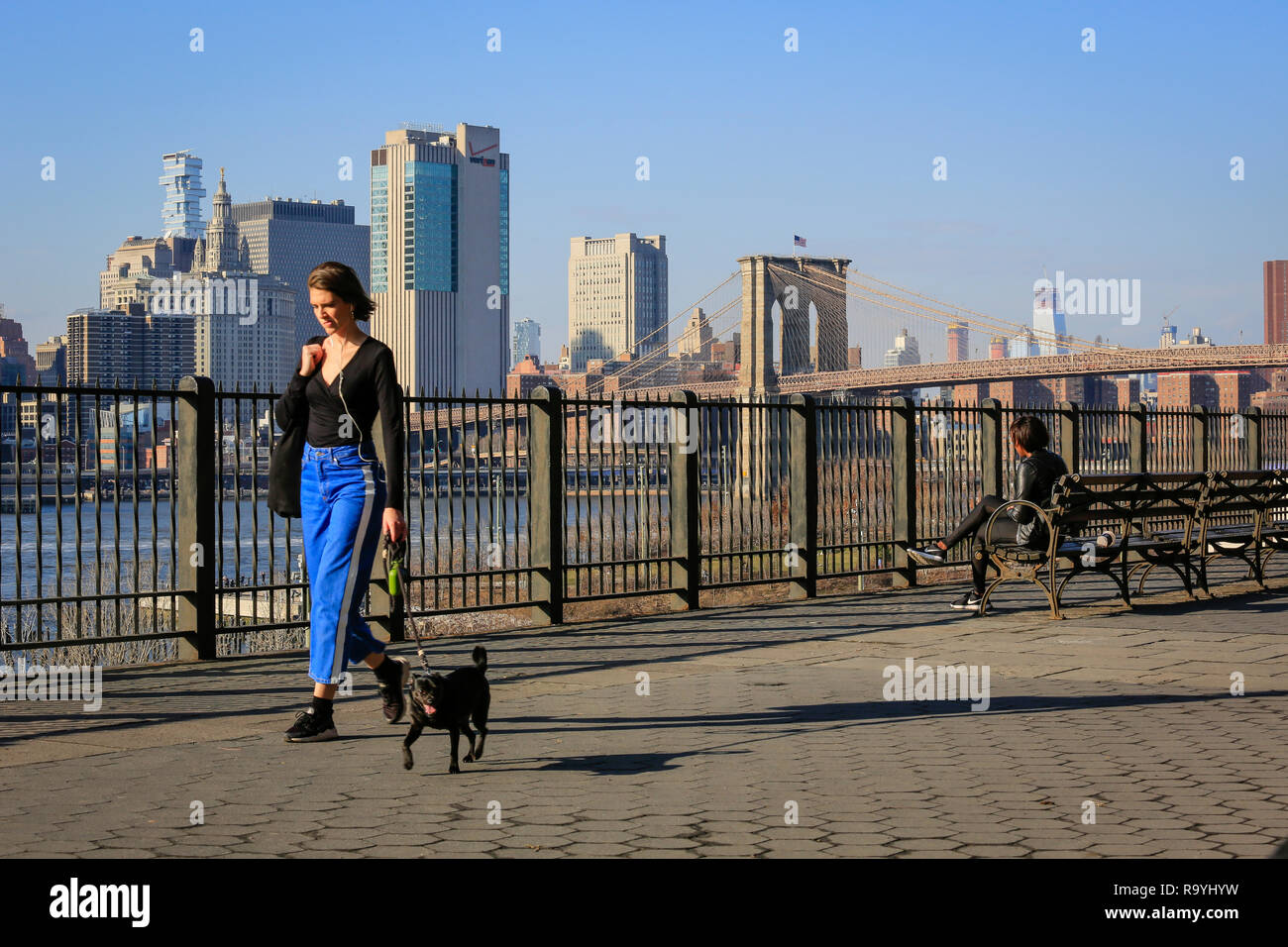 21.02.2018, New York City, New York, Vereinigte Staaten von Amerika - Menschen auf der Uferpromenade Brooklyn Heights, Blick Richtung Manhattan skylin Stock Photo