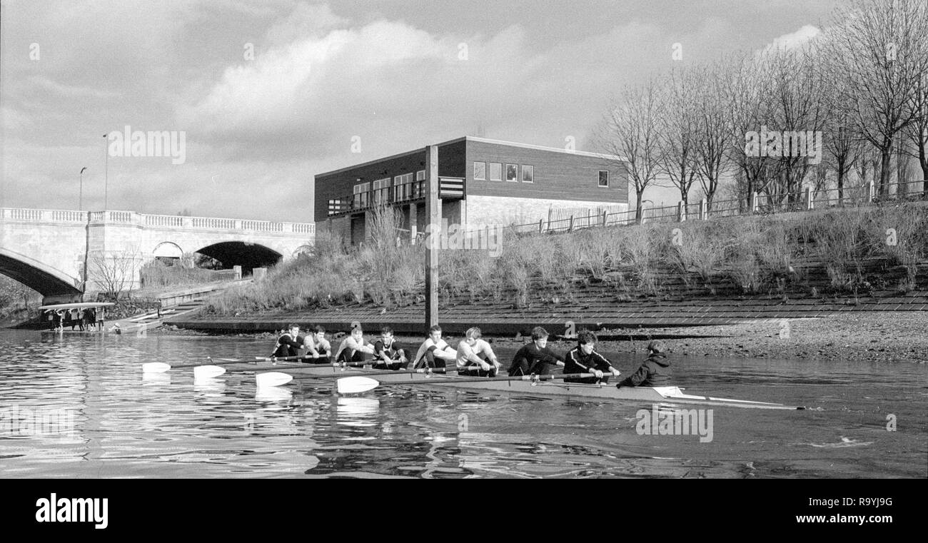 London. United Kingdom.  1987 Tideway Scullers School Boat House by Chiswck Bridge.  Championship Course Mortlake to Putney. River Thames.  Saturday 21.03.1987  [Mandatory Credit: Peter SPURRIER/Intersport images] Stock Photo