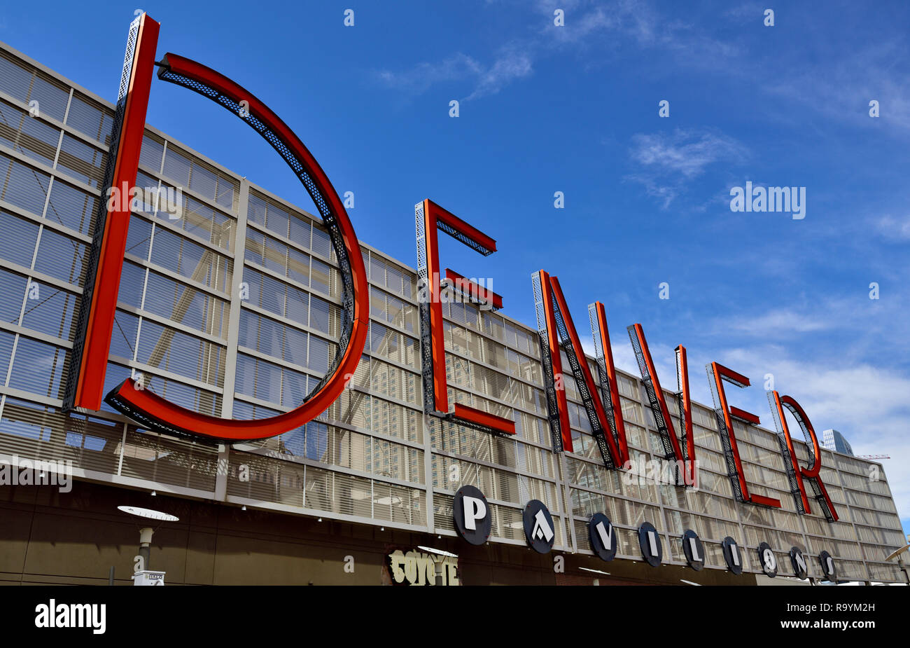 Denver sign. Large sign over the Denver Pavilion indoor shopping center in central business district, Denver, Colorado, USA Stock Photo