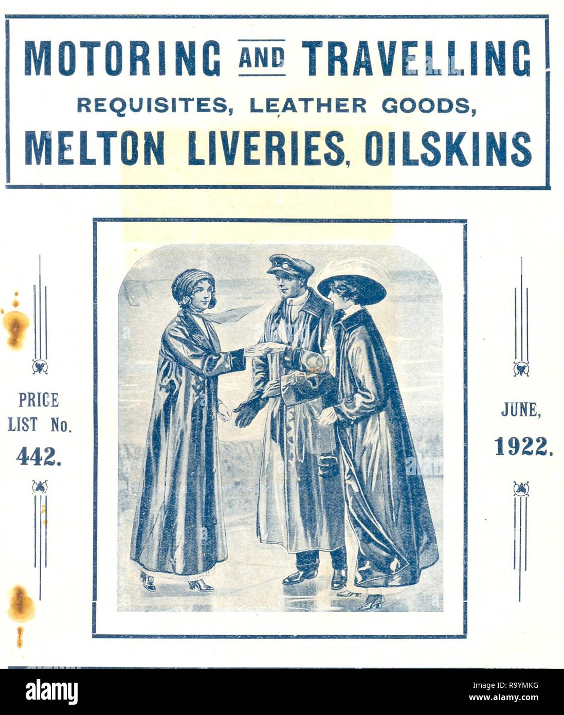 Cover of 1922 catalogue for Motoring and Travelling Requisites, Leather Goods,  Melton Liveries, Oilskins Stock Photo