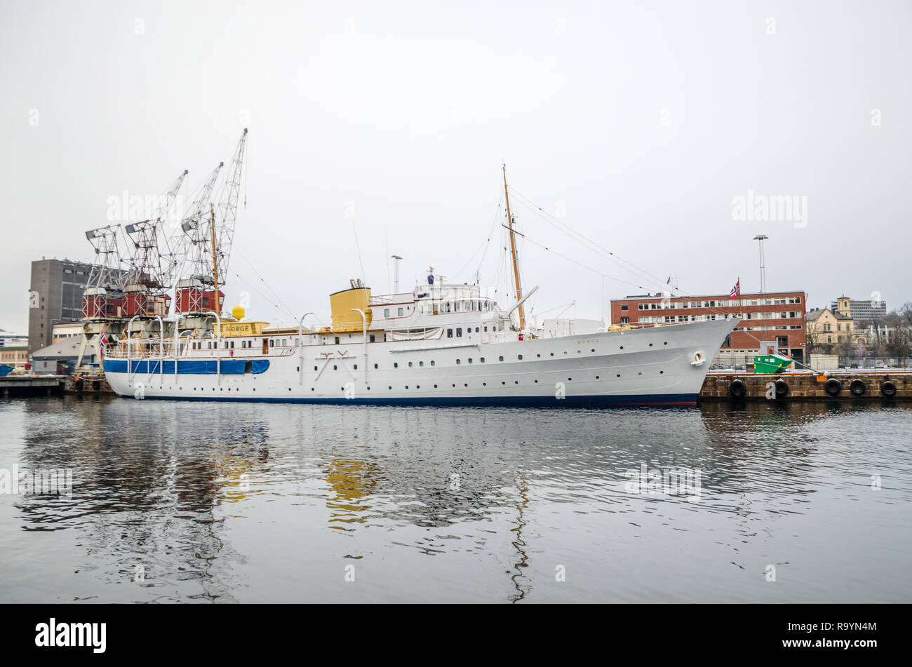 HNoMY Norge- the Royal Yacht of the King of Norway- at her home port of Oslo, in winter seasonal break. Stock Photo