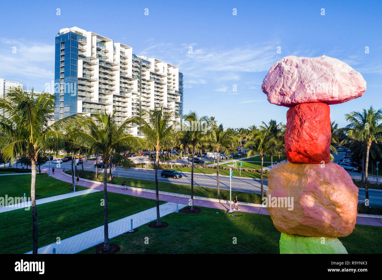 Miami Beach Florida,aerial overhead view from above,Collins Avenue,Miami Mountain art installation by Ugo Rondinone,W South Beach,hotel,FL181215d09 Stock Photo