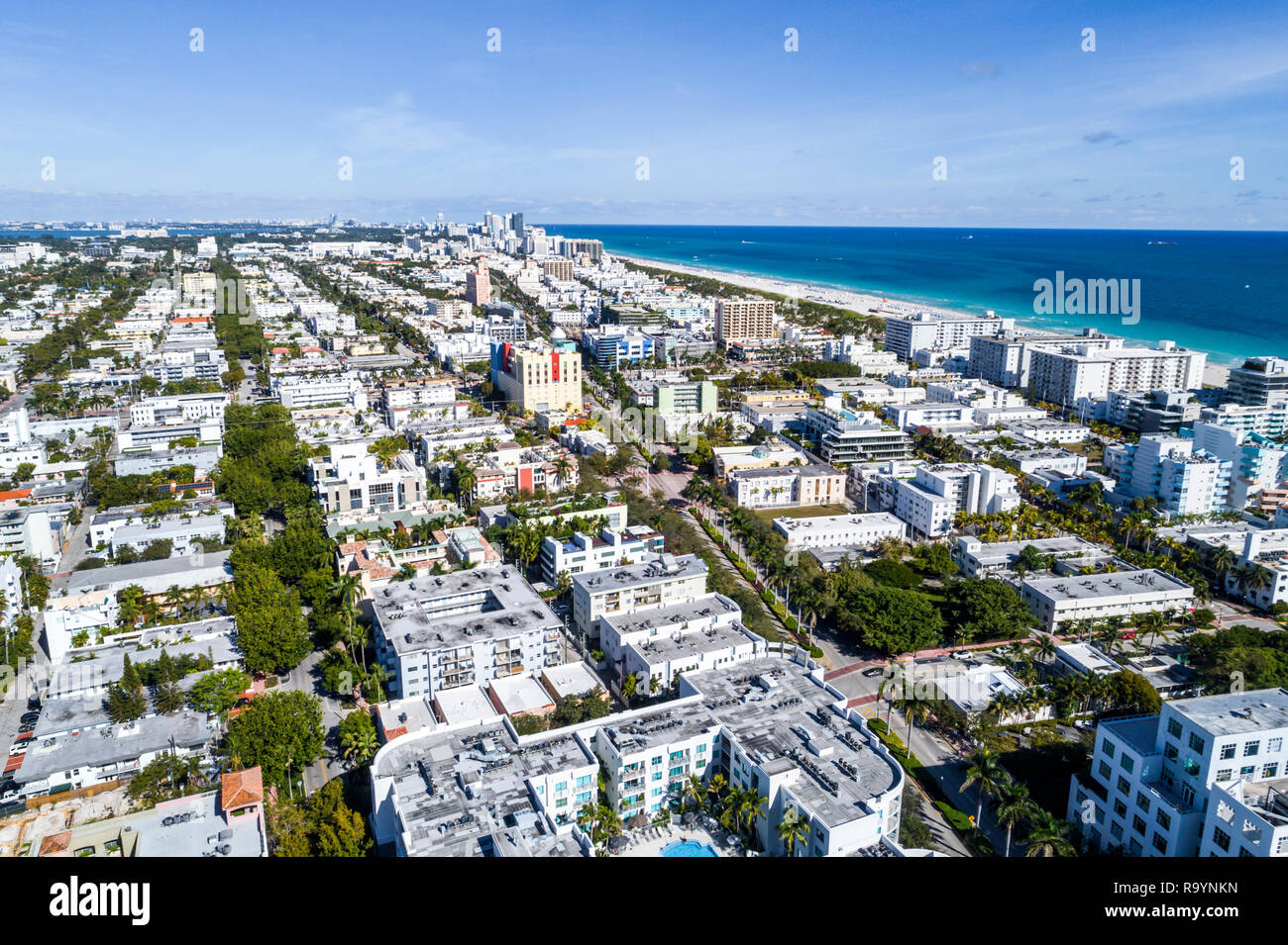 Miami Beach Florida,aerial overhead view from above,Atlantic Ocean,condominium residential apartment apartments building buildings housing,buildings r Stock Photo