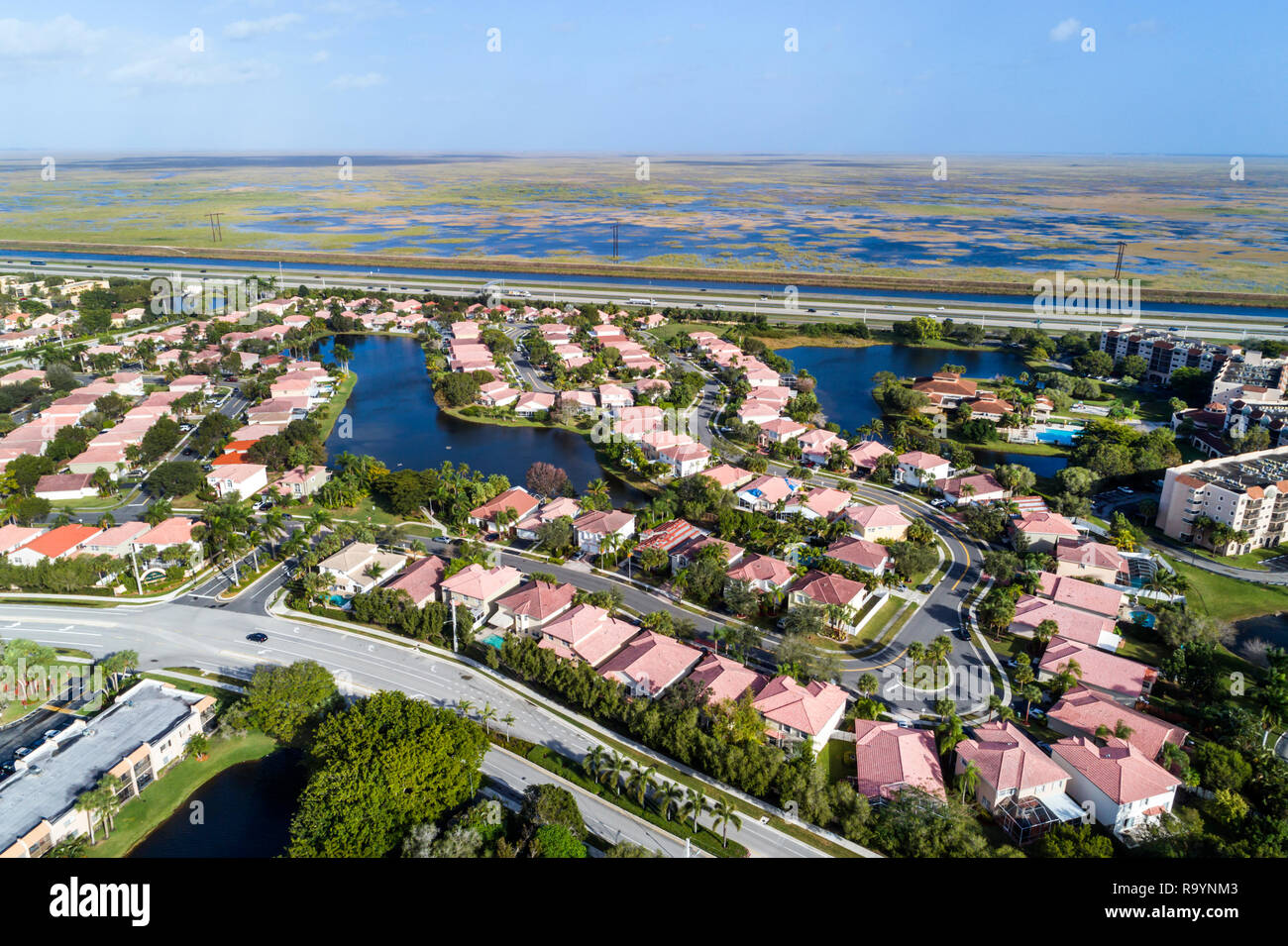 Weston Florida,Fort Ft. Lauderdale,aerial overhead view from above,homes residences bordering Everglades Wildlife Management Area Water Conservation A Stock Photo