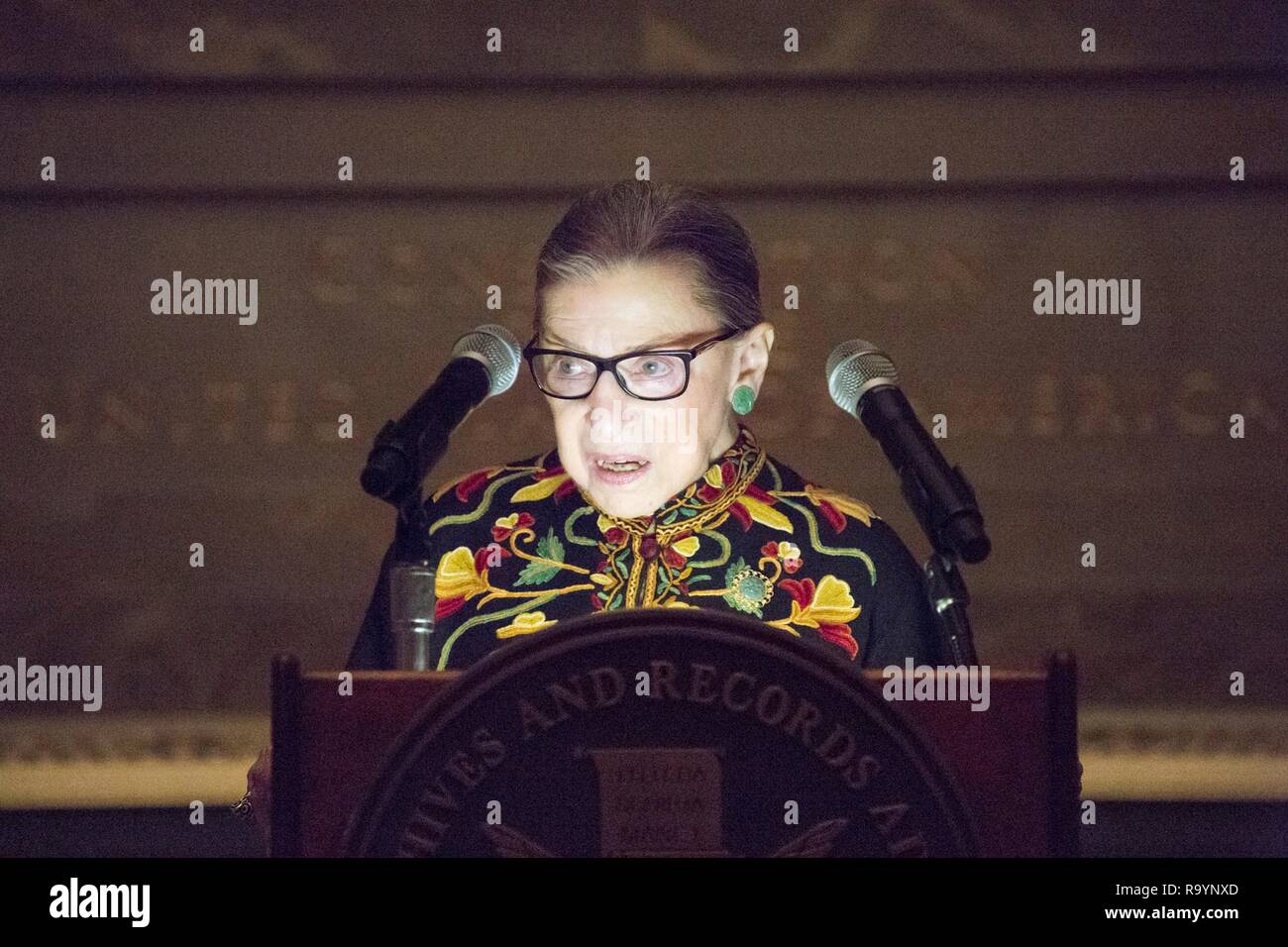 U.S Supreme Court Justice Ruth Bader Ginsburg speaks during an immigration Naturalization Ceremony on Bill of Rights Day at the National Archives December 14, 2018 in Washington, D.C. Stock Photo