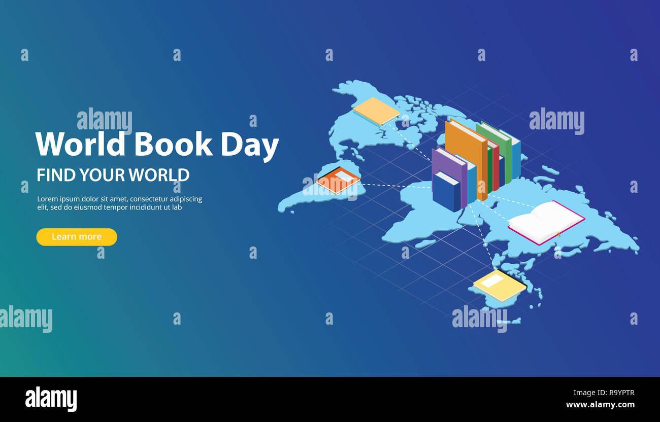 world book day website banner design with world maps and book network