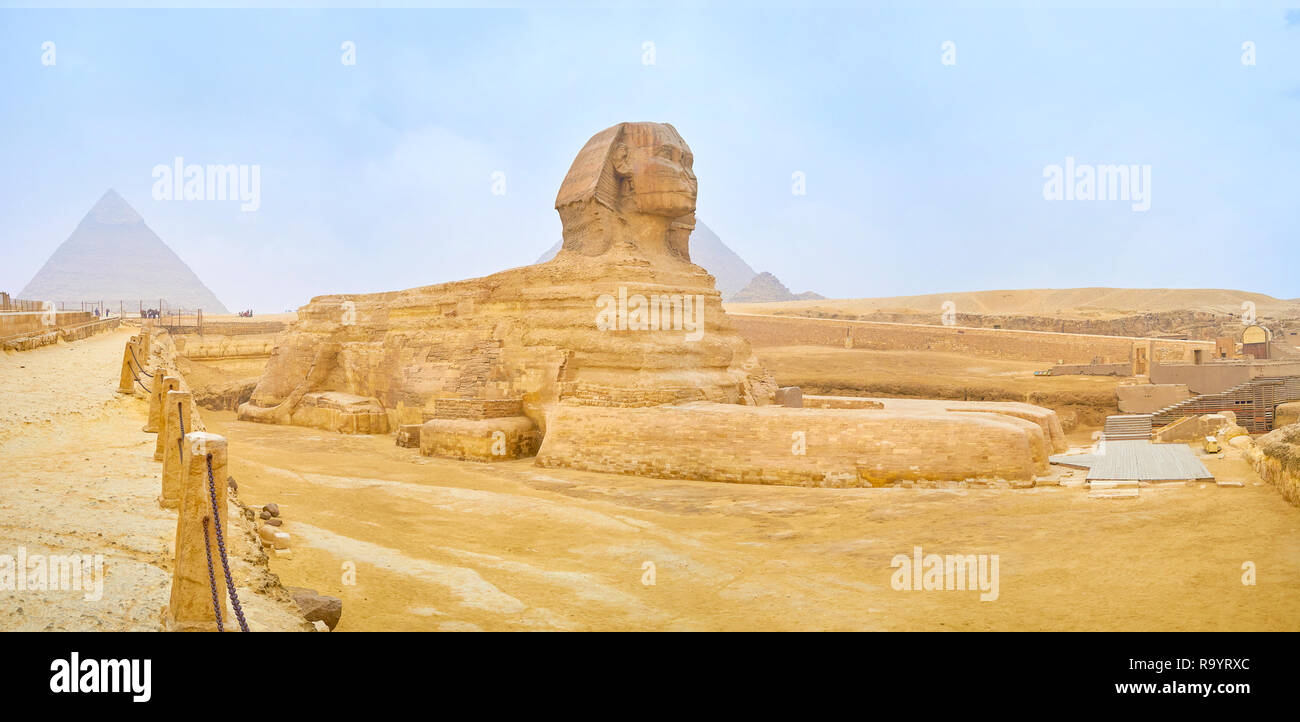 Great Sphinx is the most famous landmark and the visit card of Giza Necropolis, Egypt Stock Photo