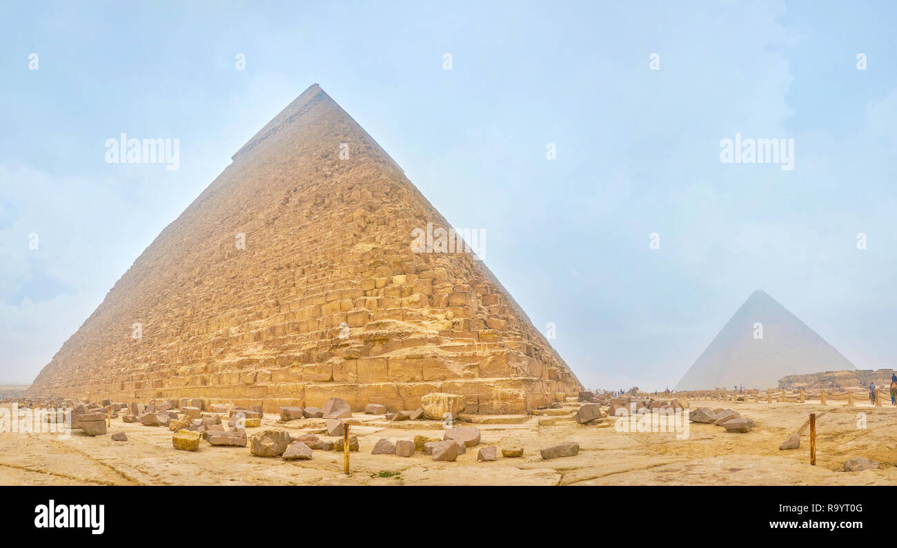 The panoramic view on magnificent Pyramid of Khafre with preserved part of marble facing on the top, Giza, Egypt Stock Photo