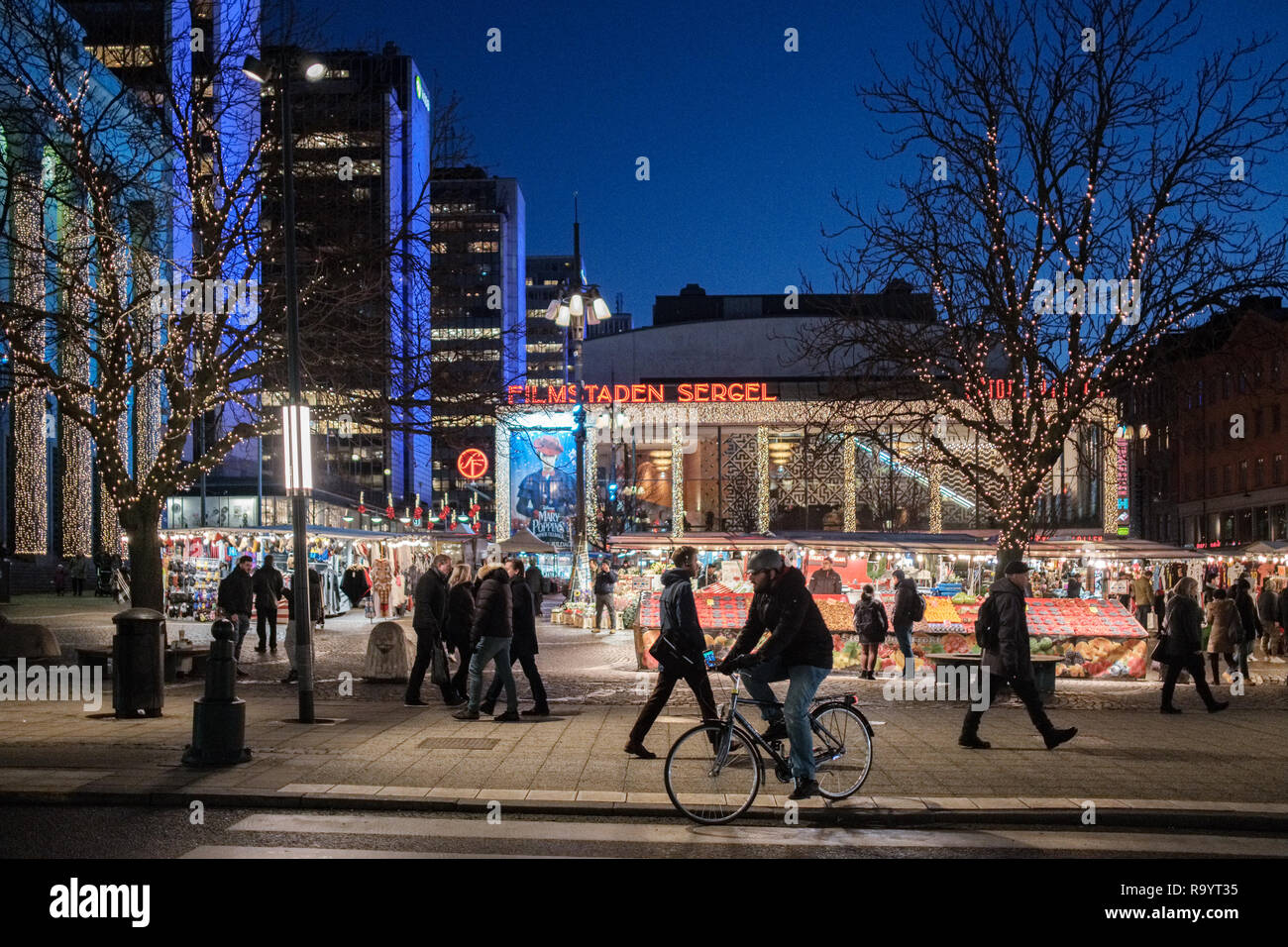 STOCKHOLM, SWEDEN - December 28, 2018: City Concert Hall and Farmers Market and Christmas decorations in Hötorget.Square Stock Photo
