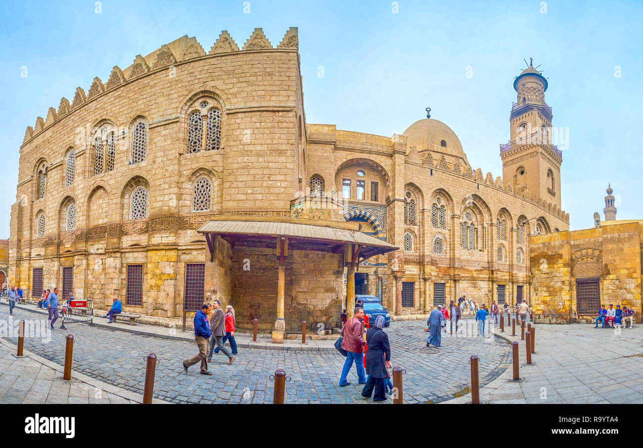 CAIRO, EGYPT - DECEMBER 20, 2017: Panorama of beautiful Qalawun Complex, that was important religion object in the life of a medieval city, on Decembe Stock Photo
