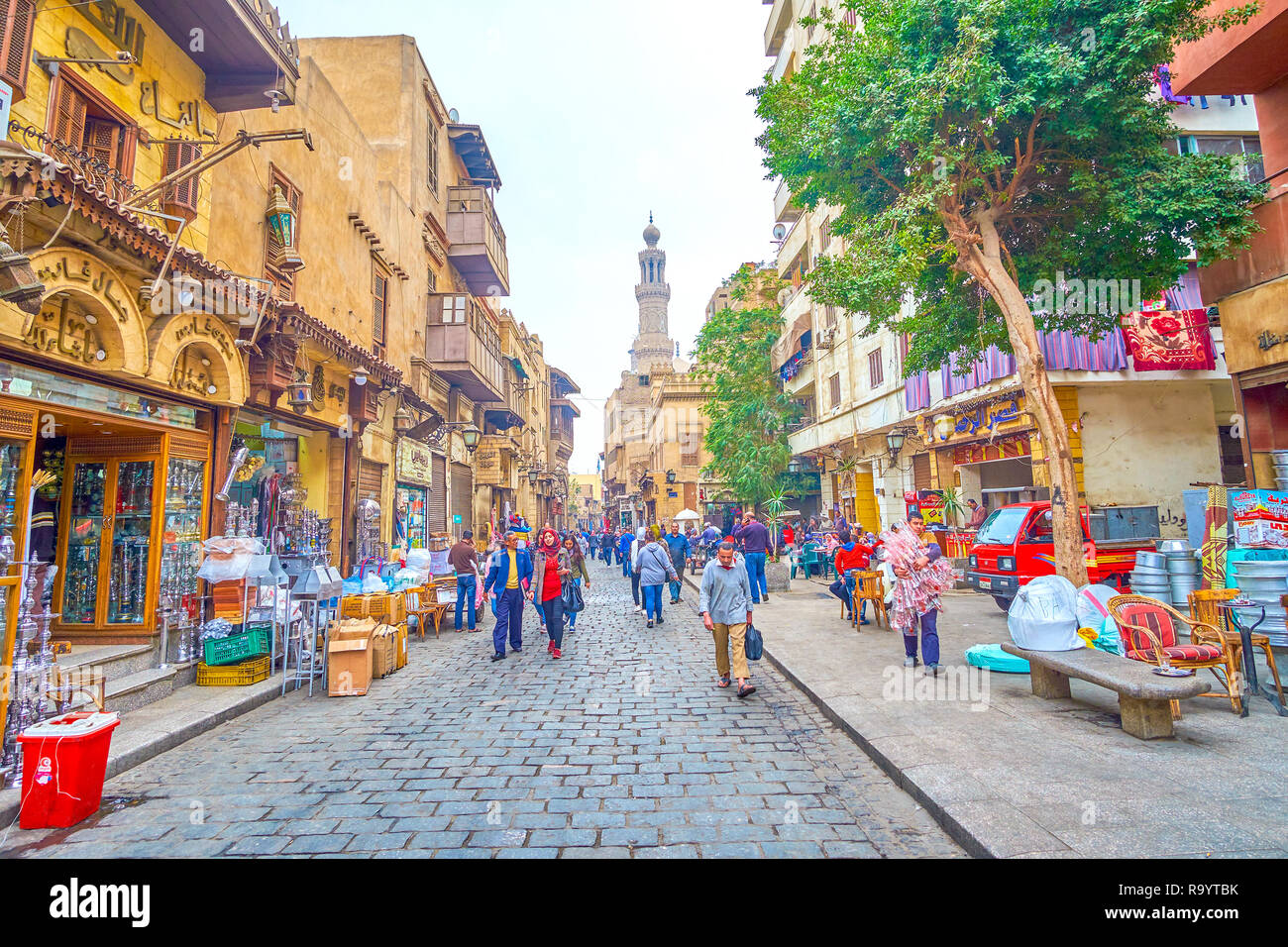 CAIRO, EGYPT - DECEMBER 20, 2017: The trading area of old Cairo neighbors with medieval part of Al-Muizz street, on December 20 in Cairo. Stock Photo