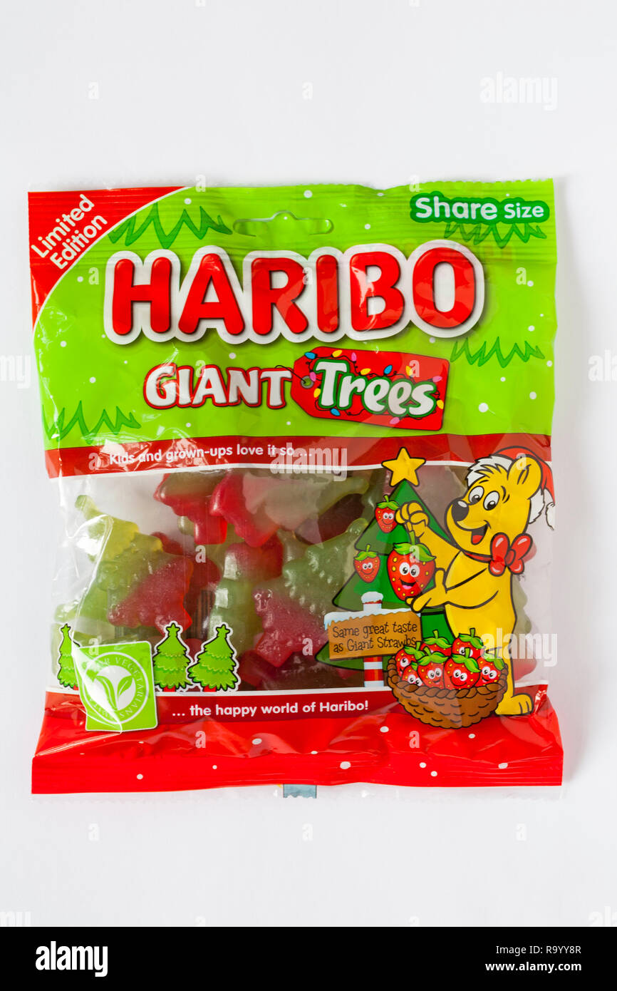 Packet of Limited Edition Haribo Giant Trees ready for Christmas isolated on white background Stock Photo