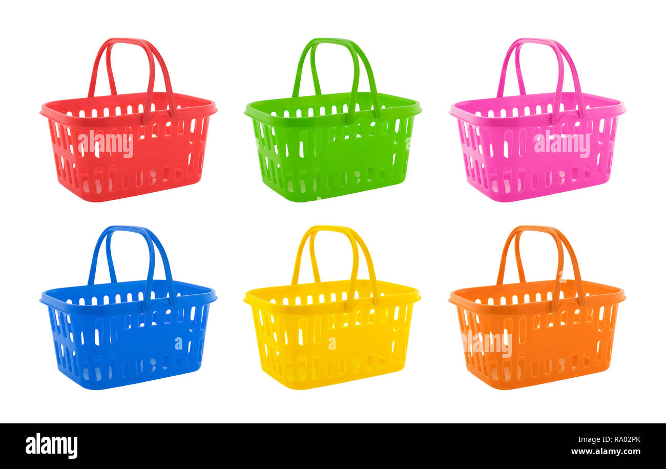 Collection of colorful shopping baskets isolated on white background Stock Photo