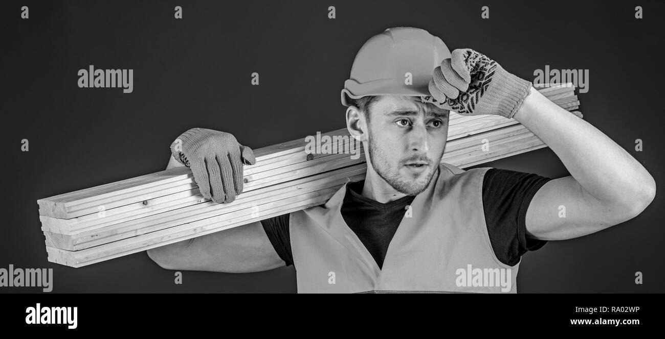 Construction worker carrying a wood plank on his shoulder. Carpenter wearing hard hat, protective gloves and safety orange vest, blue background. Protective equipment concept. Stock Photo