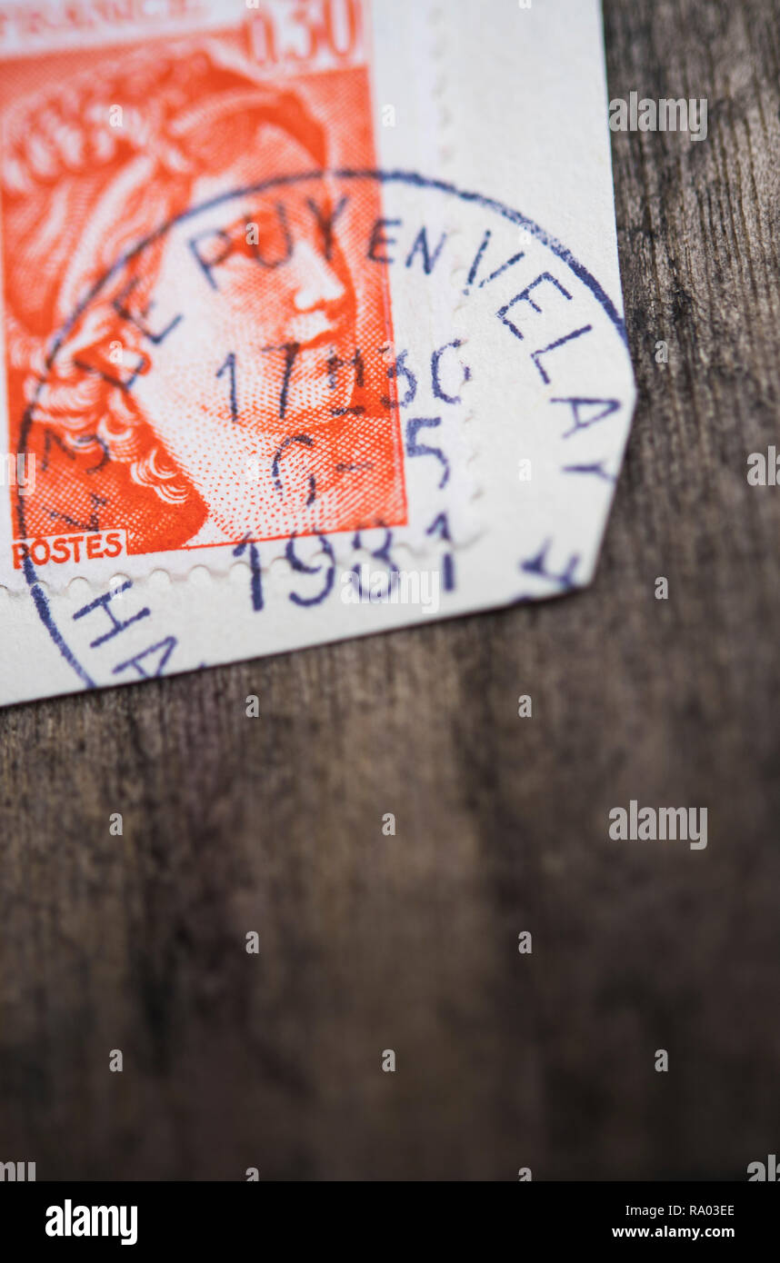 Used French postage stamp with postmark Stock Photo