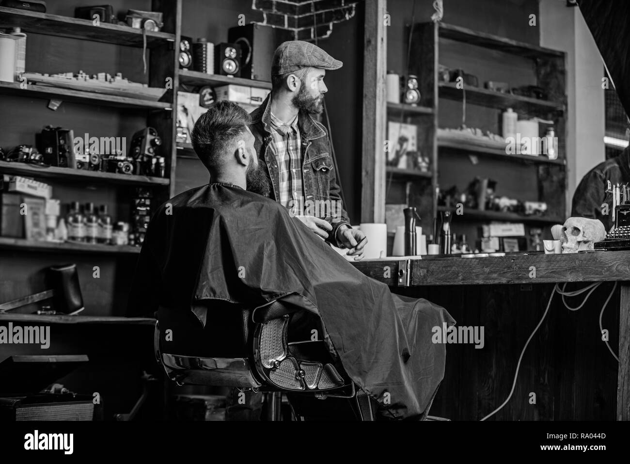Hipster Client Got New Haircut Barber Finished Trimming Barber With