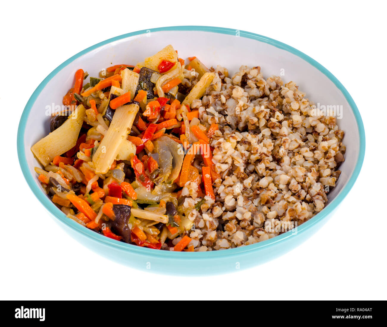 Food without meat. Buckwheat porridge with vegetables. Studio Photo