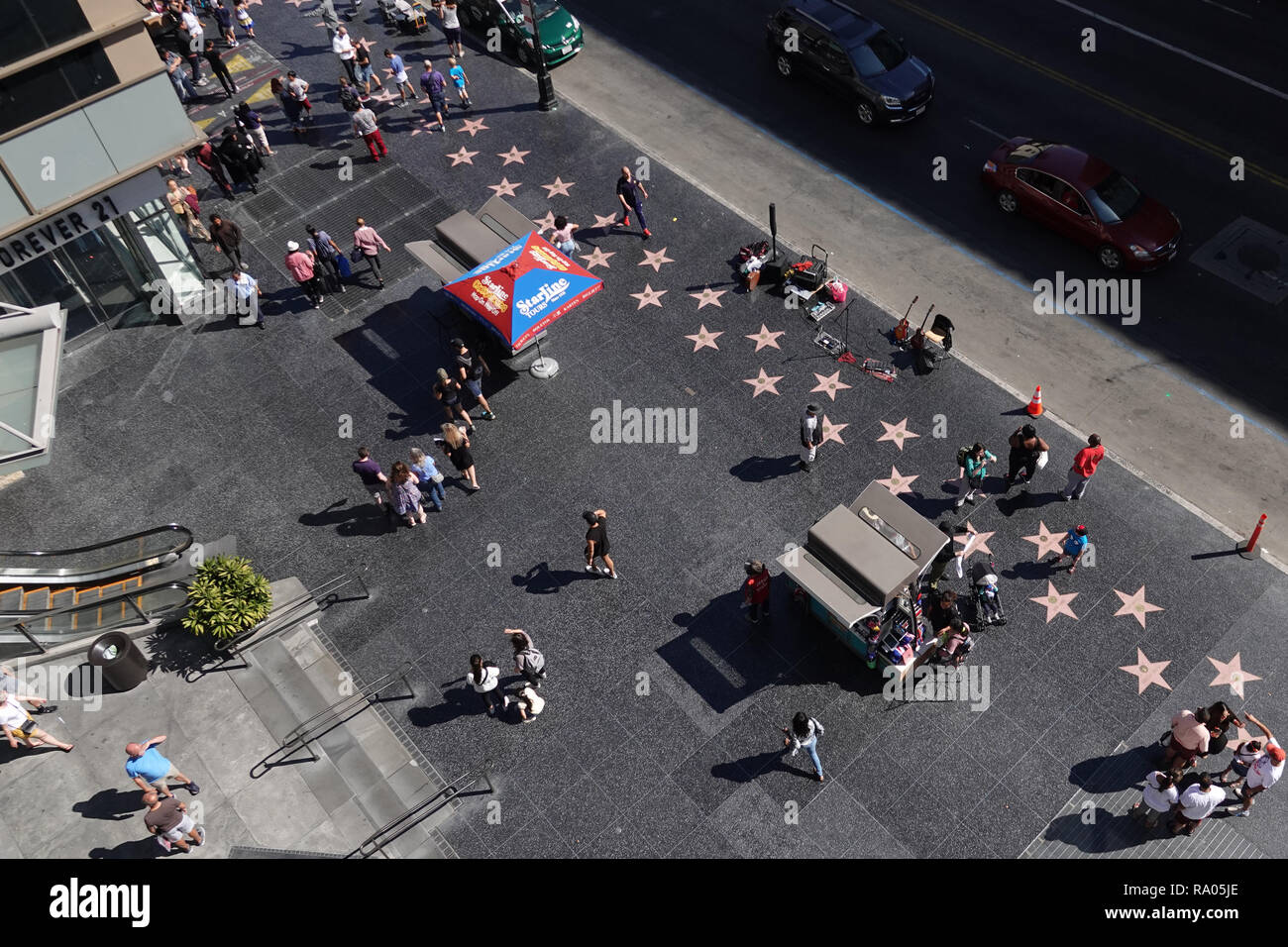 Los Angeles, CA / USA - Sept. 29, 2018: The Hollywood Walk of Fame at the Hollywood and Highland Center is shown in an elevated view during the day. Stock Photo