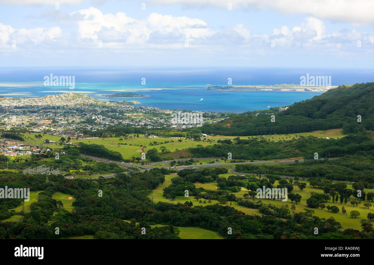 Kaneohe and Kaneohe Bay, east Oahu, Hawaii, from Pali Lookout Stock Photo