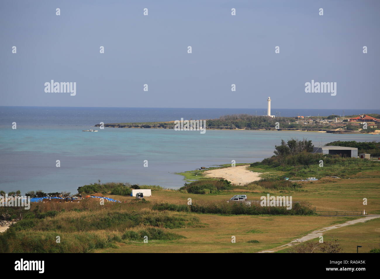okinawa seaview with the skyline and lighthouse Stock Photo