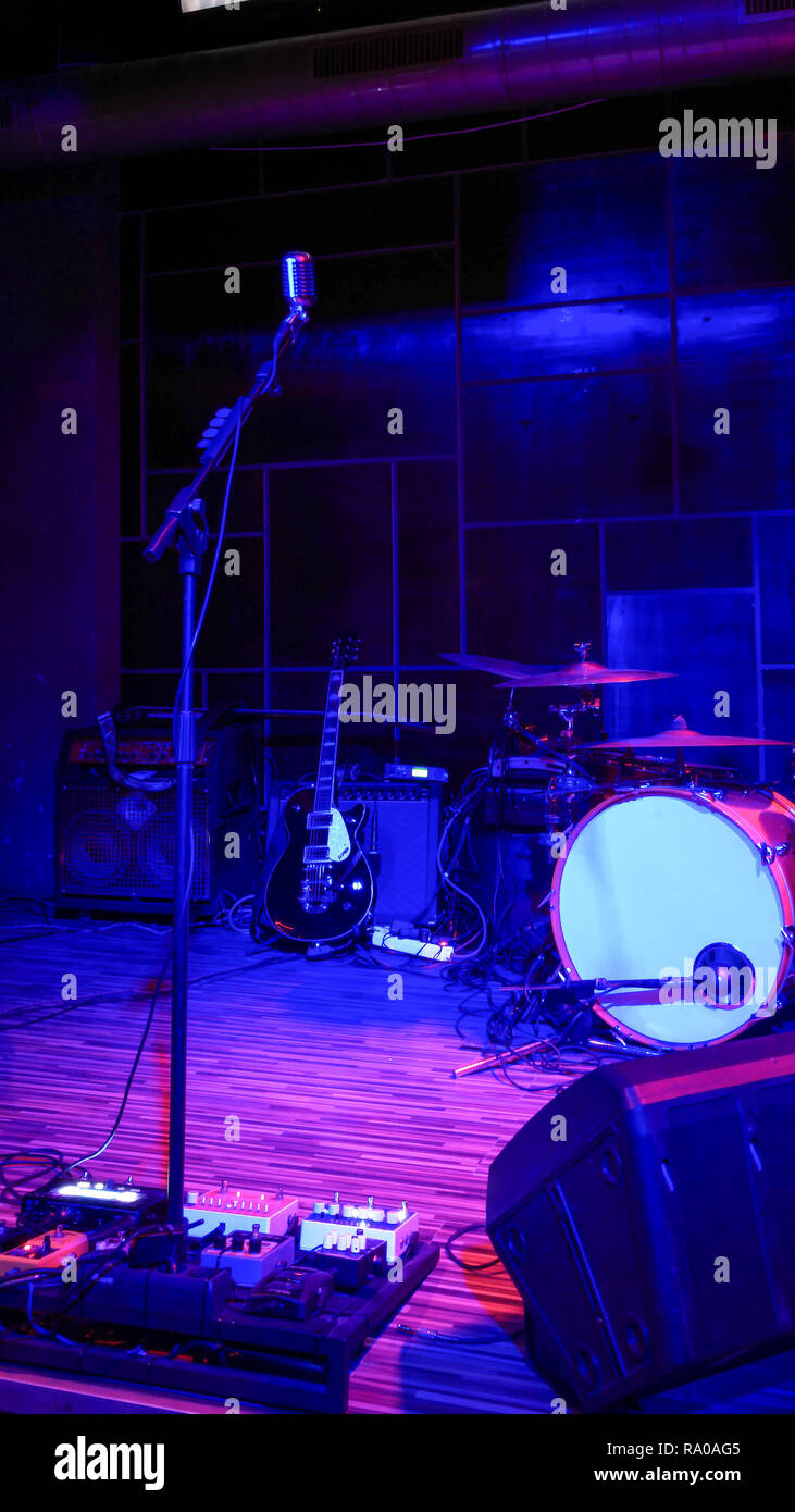 Empty rock concert stage with musical instruments Stock Photo - Alamy