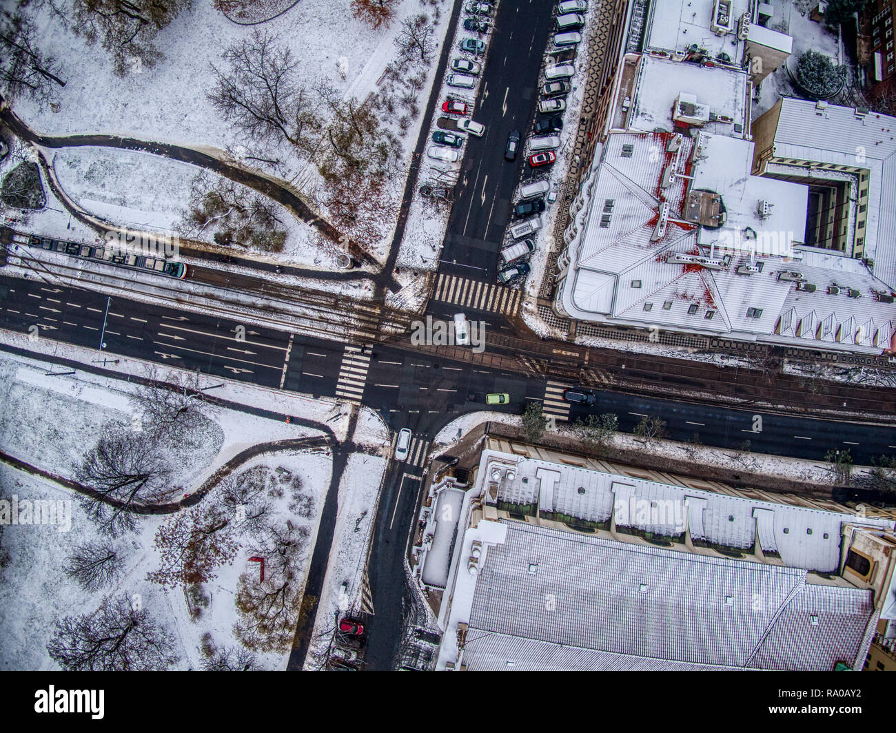 Prague Drone top down snow crossroad Stock Photo