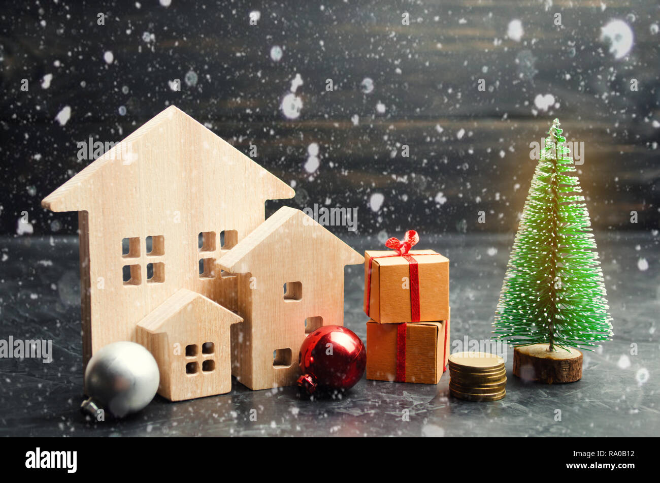 Wooden Houses And Christmas Tree Christmas Sale Of Real Estate