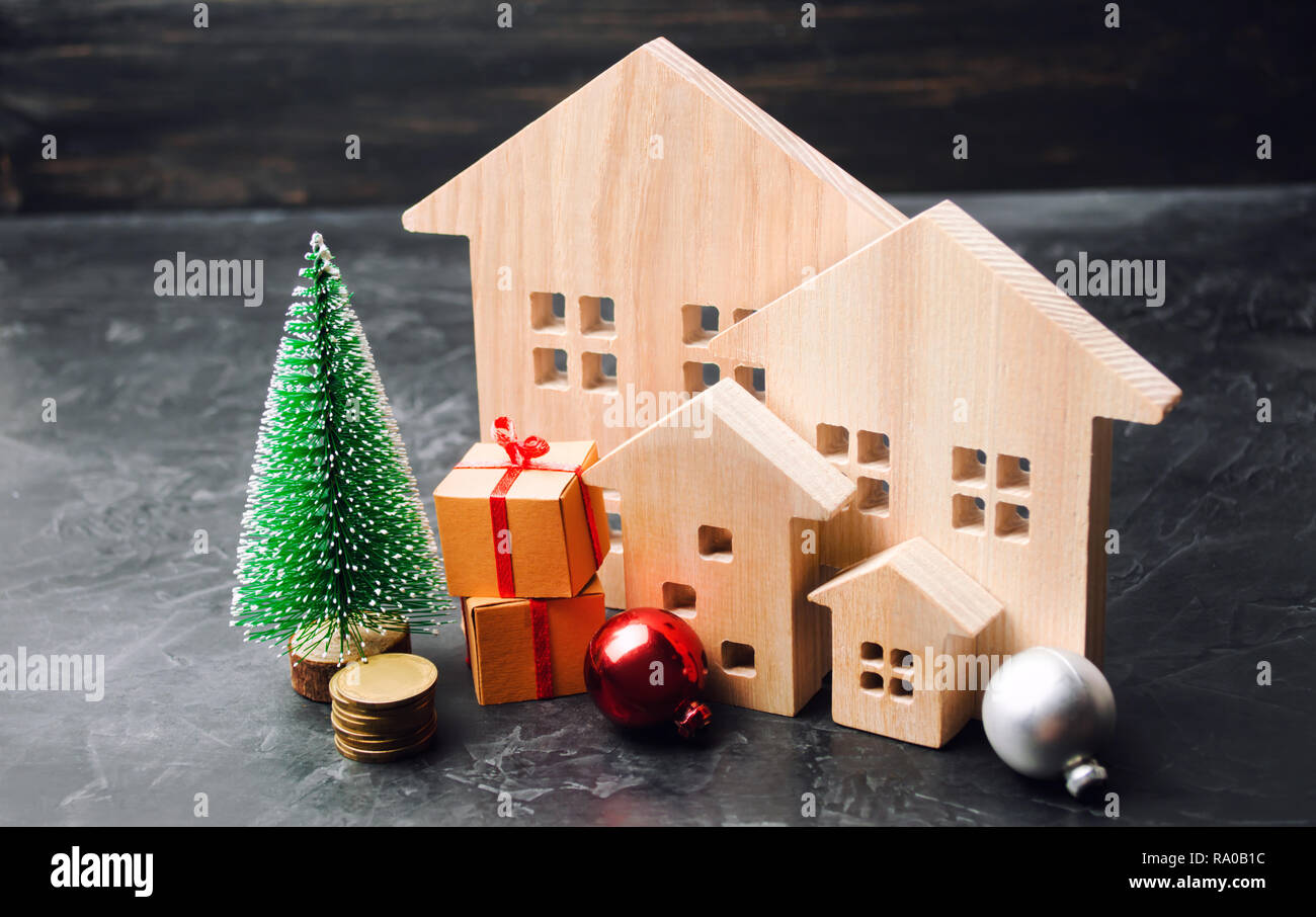 Wooden Houses And Christmas Tree Christmas Sale Of Real Estate