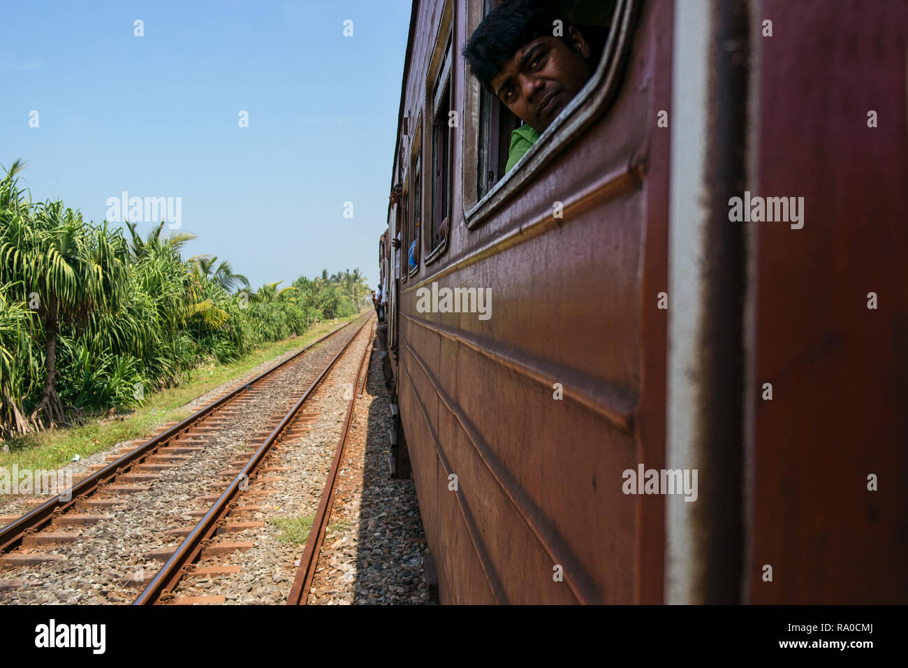 Indian man looks out of a train window as it travels next to vanishing railway lines, Sri Lanka. Stock Photo