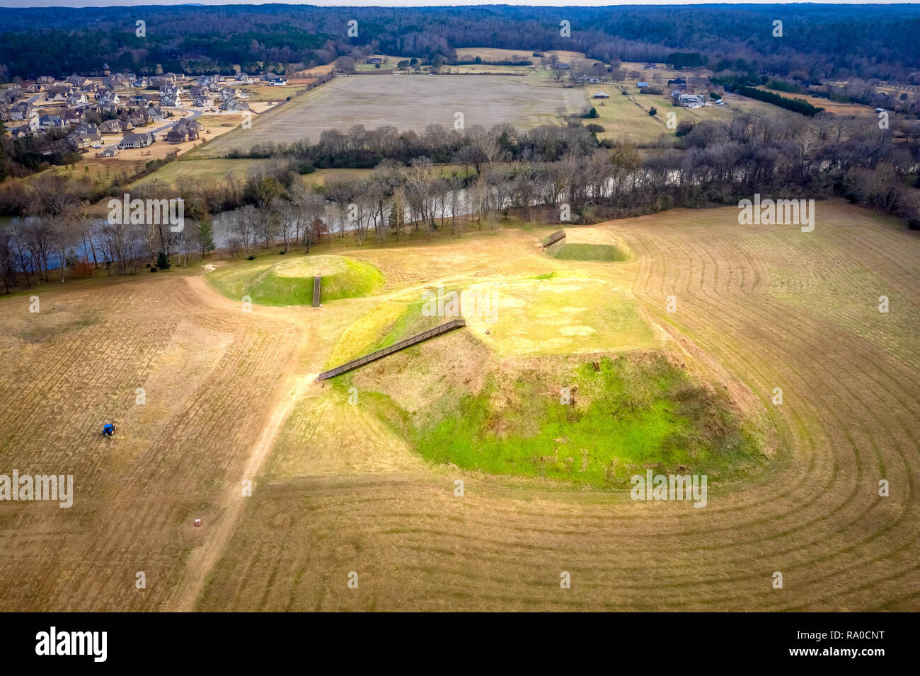 Aerial view of Etowah Indian Mounds Historic Site in Cartersville Georgia Stock Photo