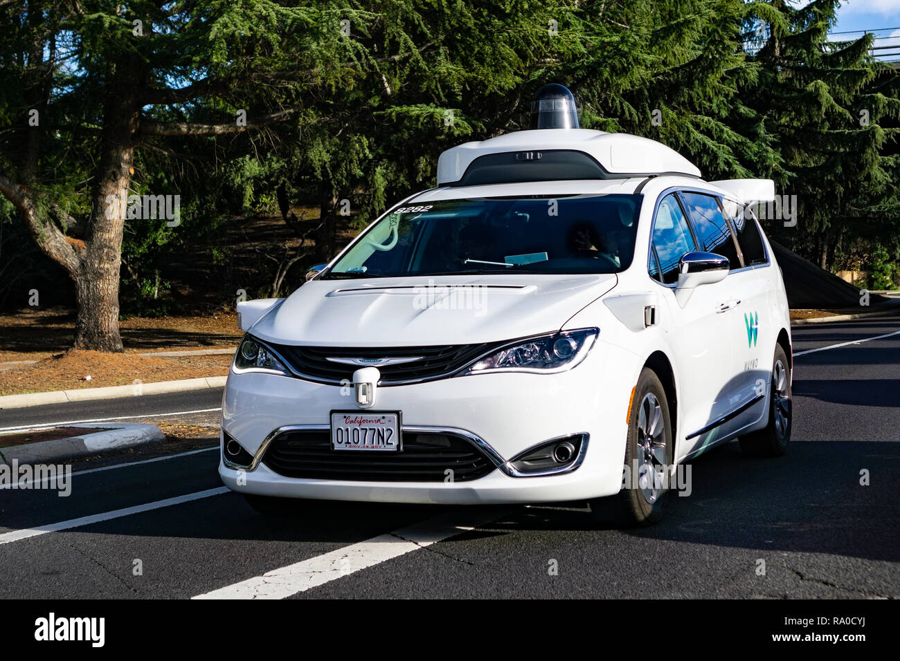 December 23, 2018 Mountain View / CA / USA - Waymo self driving car performing tests on a street near Google's headquarters, Silicon Valley Stock Photo