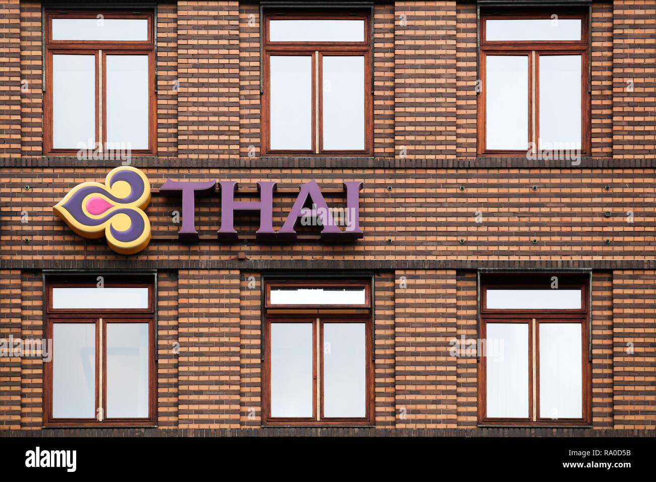 Copenhagen, Denmark - August 28, 2018: Thai airways logo on a building.  Thai airways is the flag carrier airline of Thailand Stock Photo